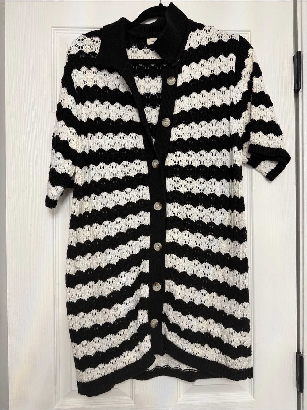 Black & White Striped Knit Button-Up Short Sleeve Cardigan